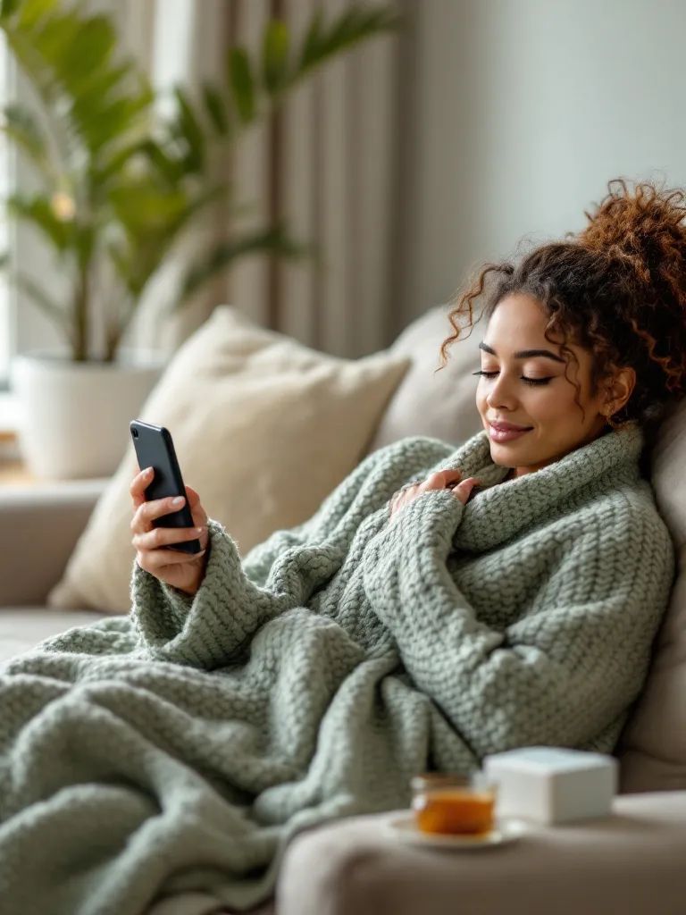 Woman with a cold, wrapped in a blanket on the sofa, using her smartphone for a video consultation